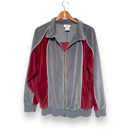 Vntg Irvine Park Velour Track Jacket Mens L Grey Maroon Full Zip Pockets Hip Hop - Picture 3 of 8
